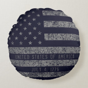 Vintage Blue USA American Flag Distressed Text Round Cushion