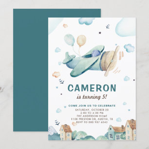 Vintage Blue Watercolor Aeroplane Kids Birthday Invitation