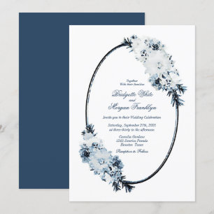 Vintage Blue Watercolor Floral Oval Wedding Invitation