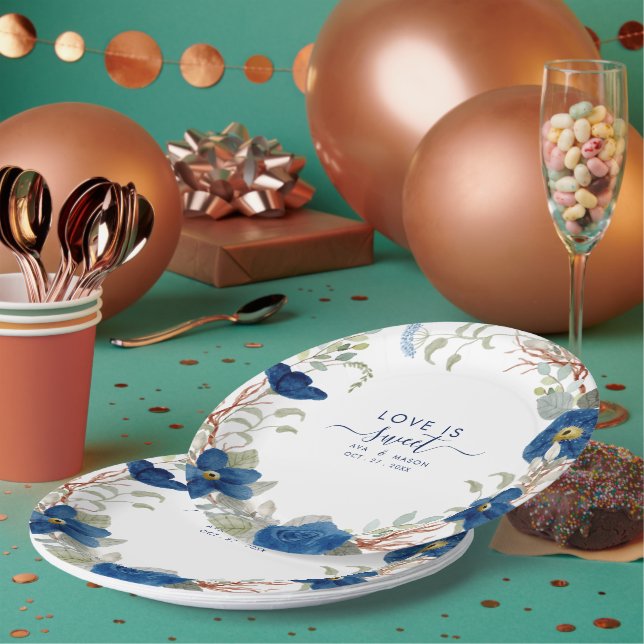 Vintage blue watercolour floral wedding paper plate (Multi)