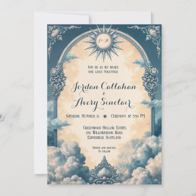 Vintage Blue Wedding Invitation with Sun and Cloud (Front)