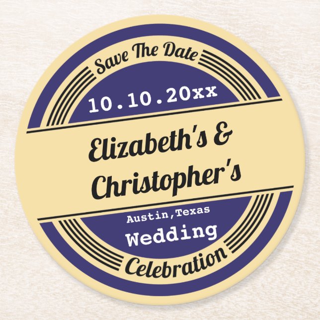 Vintage Blue Wedding Save The Date Coaster (Front)