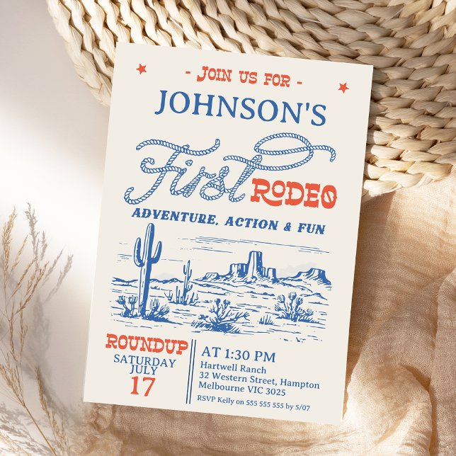 Vintage Blue Western First Rodeo 1st Birthday Invitation (Boys First Rodeo Birthday Invitation, 1st Rodeo Birthday Invite, Western Cowboy 1st Birthday Desert)