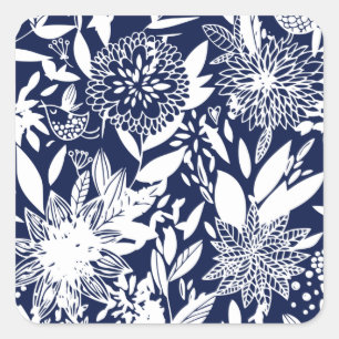 Vintage Blue White Bird Love Floral Garden Square Sticker