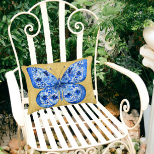 Vintage Blue White Butterfly Antique Gold Damask Decorative Cushion
