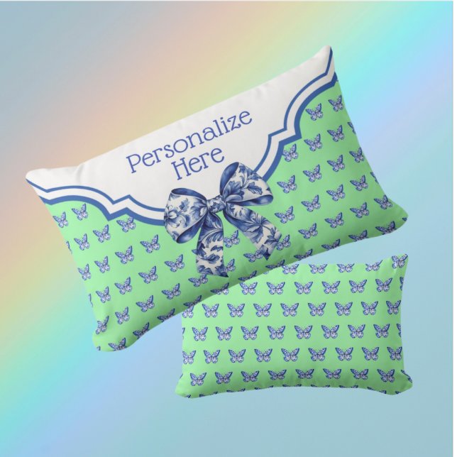 Vintage Blue White Butterfly Bow Personalised Lumbar Cushion (Personalize for someone special!)