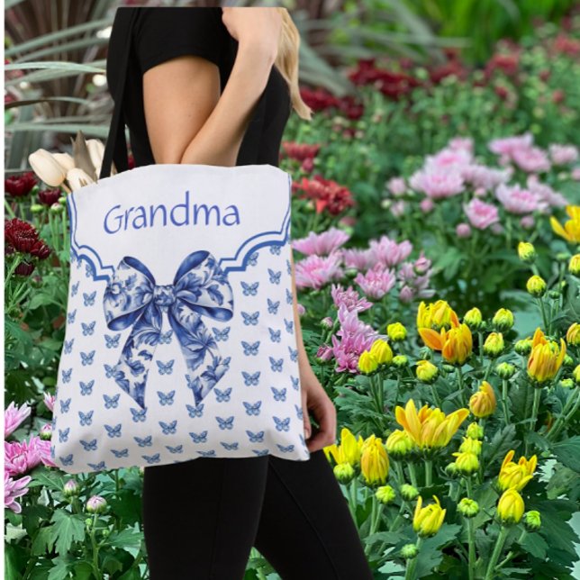 Vintage Blue White Butterfly Bow Personalized Tote Bag (Lovely personalized tote bag)