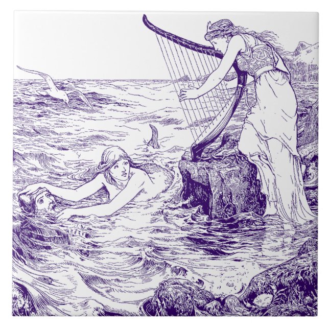 Vintage Blue & White Celtic Harp & Mermaid Ceramic Tile (Front)