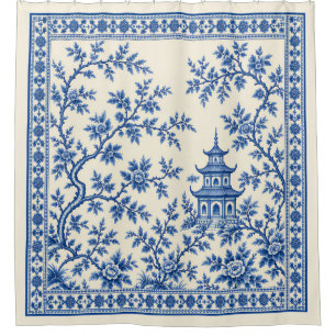Vintage Blue White Chinoiserie Pagoda Floral Shower Curtain