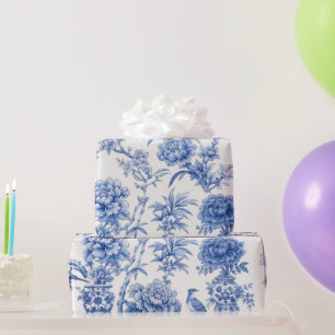 Vintage Blue White Chinoiserie Peony Floral Vase Wrapping Paper