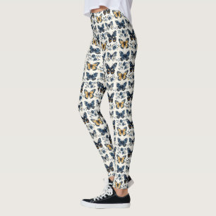 Vintage Blue White Delft Butterfly Botanical Leggings