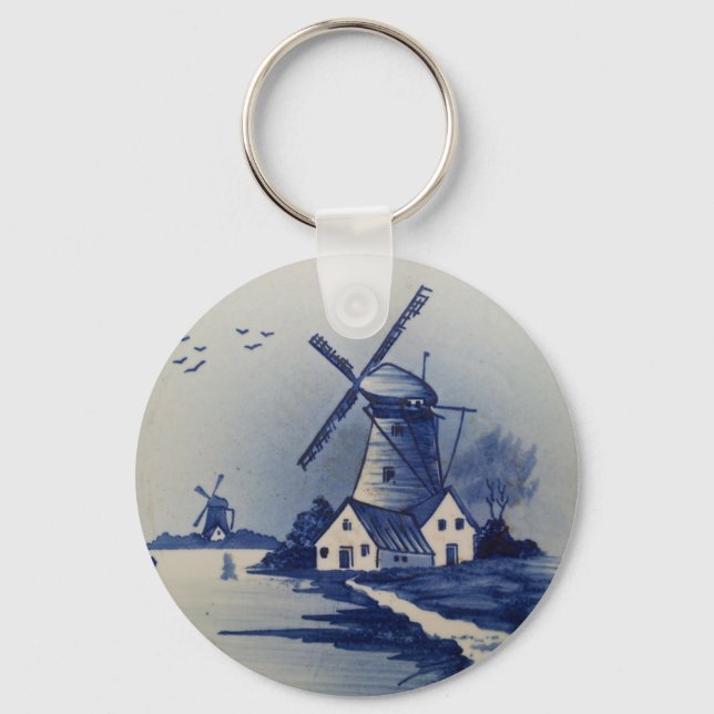 Vintage Blue White Delft Windmill Key Ring (Front)