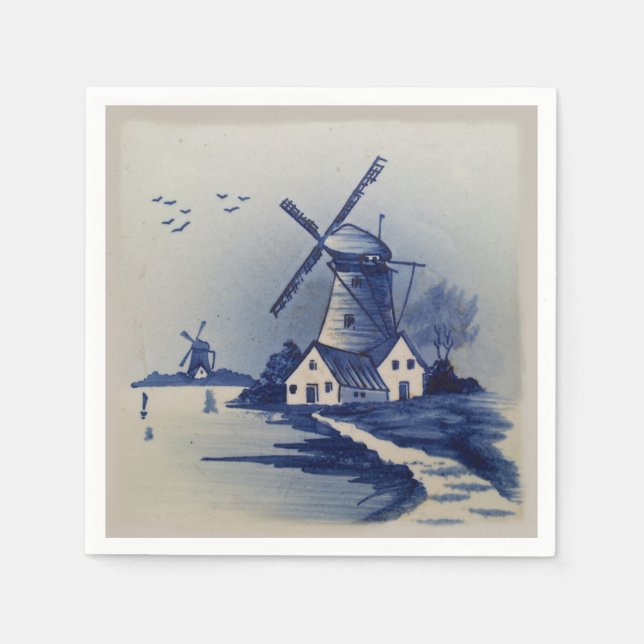 Vintage Blue White Delft Windmill Napkin (Front)