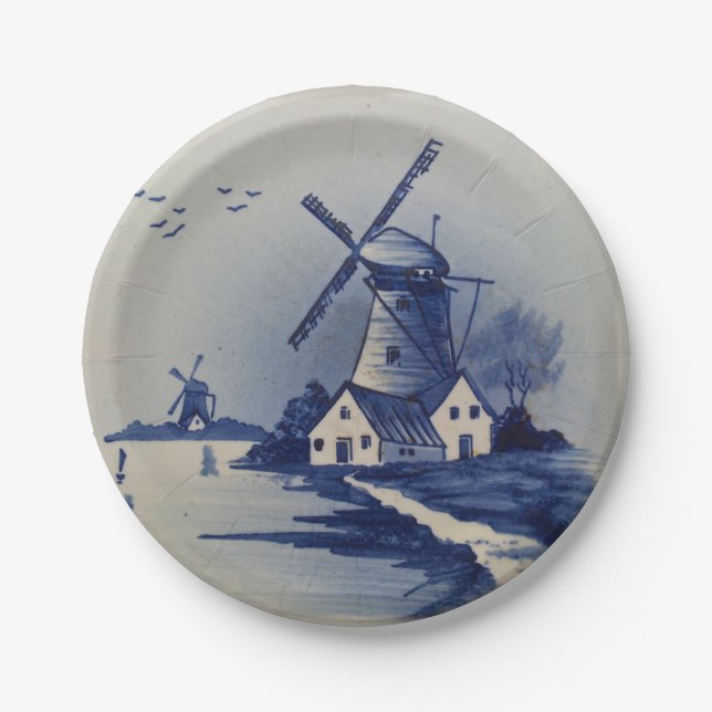 Vintage Blue White Delft Windmill Paper Plate (Front)