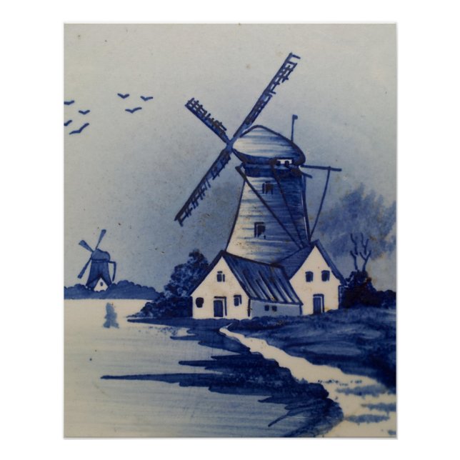 Vintage Blue White Delft Windmill Poster (Front)