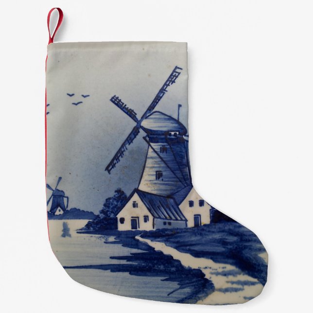 Vintage Blue White Delft Windmill Small Christmas Stocking (Front)