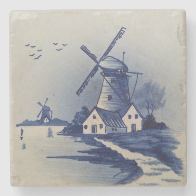 Vintage Blue White Delft Windmill Stone Coaster (Front)