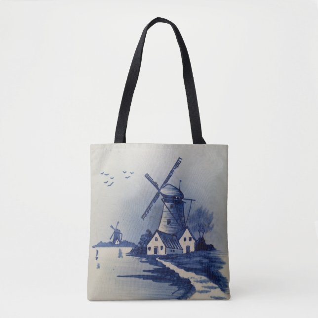 Vintage Blue White Delft Windmill Tote Bag (Front)