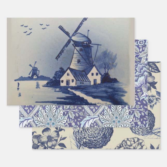 Vintage Blue White Delft Windmill Wrapping Paper Sheet (Set)
