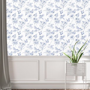 Vintage Blue & White Floral Butterfly Birds Toile Wallpaper
