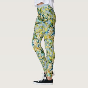 Vintage Blue White Floral Flower Pattern Yoga Leggings
