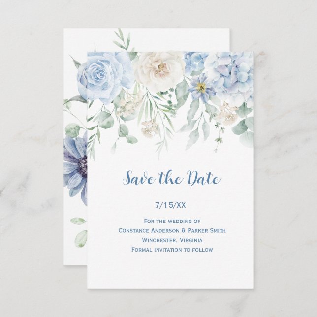 Vintage Blue & White Floral Save the Date (Front/Back)