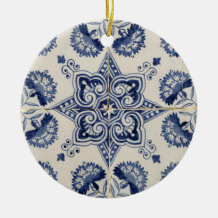  Vintage Blue White Geometric Flower Pattern Ceramic Ornament