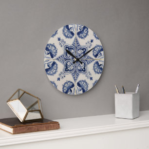 Vintage Blue White Geometric Flower Pattern Large Clock