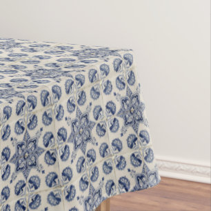 Vintage Blue White Geometric Flower Pattern  Tablecloth