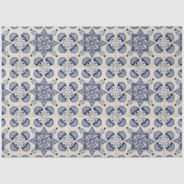  Vintage Blue White Geometric Flower Pattern Tissue Paper (Front)
