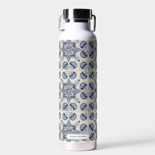 Vintage Blue White Geometric Flower Pattern  Water Bottle