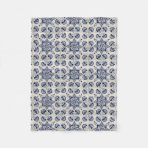  Vintage Blue White Geometric Flowers Pattern  Fleece Blanket