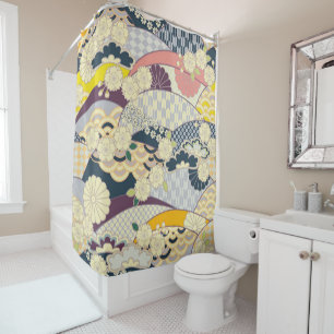 Vintage Blue White Japanese Kimono Floral Flower Shower Curtain