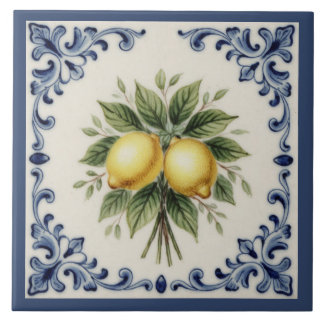 Vintage Blue White Lemon Italian Majolica Ceramic Tile