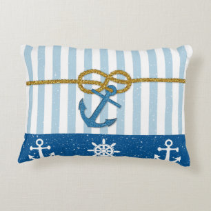 Vintage blue white stripe faux gold glitter anchor decorative cushion