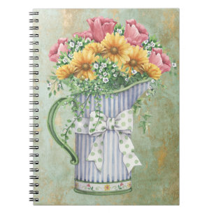 Vintage blue & white stripe jug with flowers notebook