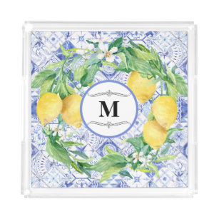 Vintage Blue White Tile Lemon Wreath Farmhouse Art Acrylic Tray