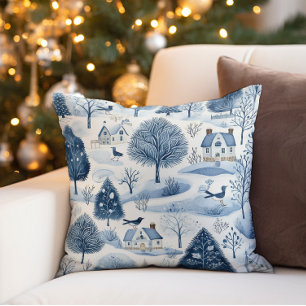 Vintage Blue White Winter Village Cushion