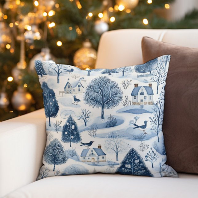 Vintage Blue White Winter Village  Cushion (Decorator pillow with an old vintage winter village covered in snow)
