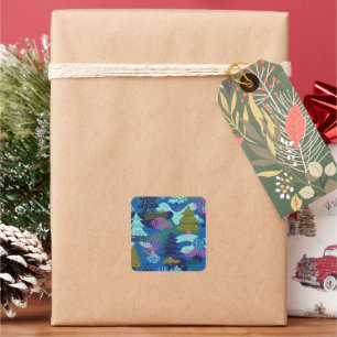 Vintage Blue Winter Christmas Tree Forest Square Sticker
