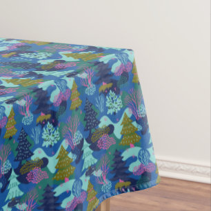 Vintage Blue Winter Christmas Tree Forest Tablecloth