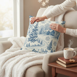 Vintage Blue Winter Village Christmas Snowflake  Cushion