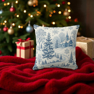 Vintage Blue Winter Village Christmas Snowflake  Cushion