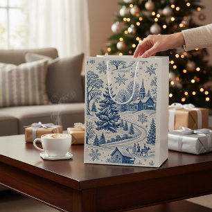 Vintage Blue Winter Village Christmas Snowflake  Medium Gift Bag
