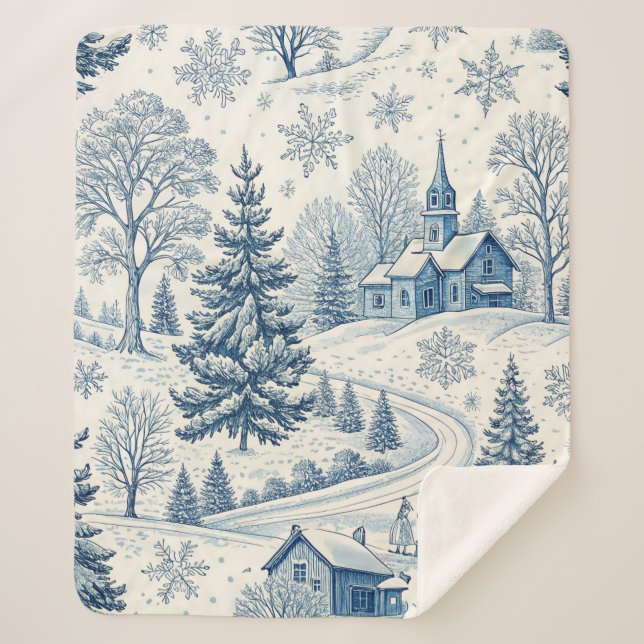 Vintage Blue Winter Village Christmas Snowflake  Sherpa Blanket (Front)