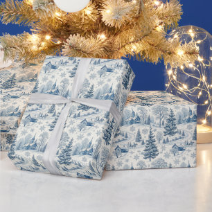 Vintage Blue Winter Village Christmas Snowflake Wrapping Paper
