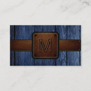 Vintage Blue Wood Brown Leather Look Monogram Business Card