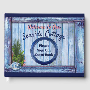 Vintage Blue Wood, Fish, Pink-coral Guest Book
