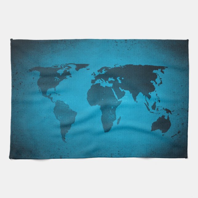 Vintage blue world map tea towel (Horizontal)