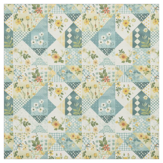 Vintage Blue Yellow Green Patchwork Quilt Fabric (Swatch)